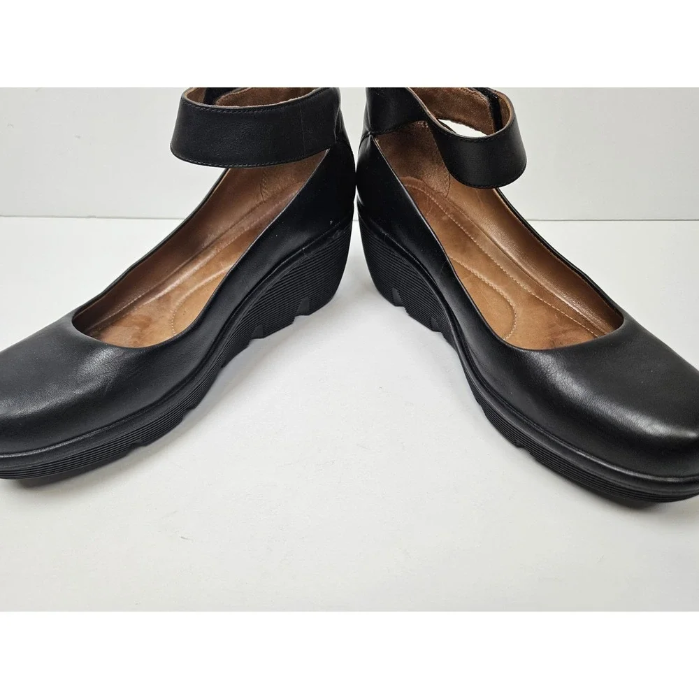 Clarks Black Clarene Tide Platform Wedge Shoes 9.5 Pumps Ankle Straps Leather